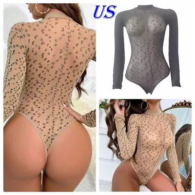 US Sexy Women's Mesh Sheer Bodysuit Tops Leopard Print High Cut Thong Jumpsuit • $9.21