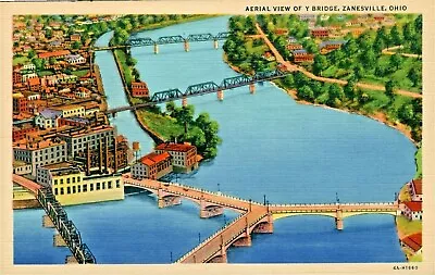 Postcard Zanesville Ohio Aerial View Of The Y Bridge. E2 • $3.99