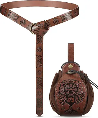 Medieval Viking Leather Belt Pouches Renaissance Accessories Brown Fancy - Set • $24.59