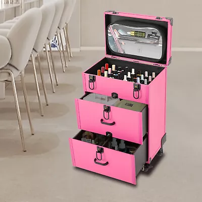 Rolling Makeup Train Case Aluminum Cosmetic Case Trolley W/Drawer+Keys+Lock Pink • $89.31