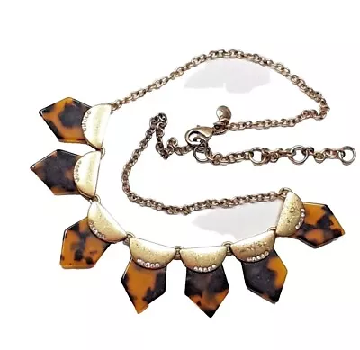 J CREW Faux Tortoise Rhinestone Gold Tone Rolo Chain Statement Necklace Brown  • $10.62