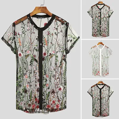Men Sexy Floral See Through Mesh T-Shirt Short Sleeve Fancy Blouse Party Tee Top • £11.58