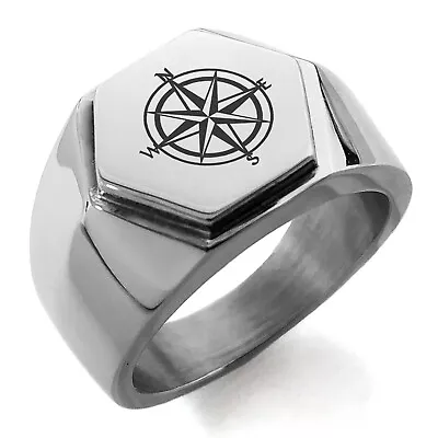 Stainless Steel Nautical Star Compass Symbol Mens Hexagon Crest Signet Ring • $15