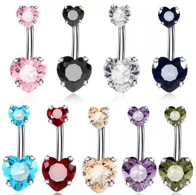 Navel Belly Bar Piercing Ring Heart Crystal Zircon Surgical Steel Silver  • $4.95