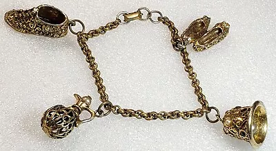 Vintage ETRUSCAN Style Shoes Filigree Decanter Bell Charm Bracelet • $32.50