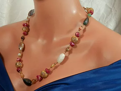 XXX Pretty Vintage 1960's Cranberry Art Glass Jade Agate Necklace  3398jl • $19.87