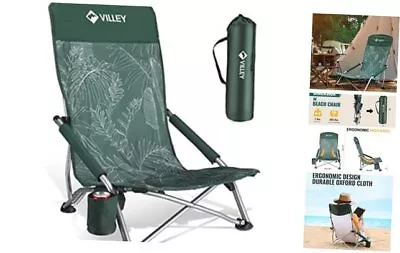  Low Beach Chair High Back Folding Beach Chair For 1 Vintage Green Leaves • $73.40