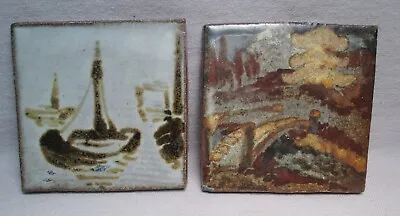 Two Small Vintage Pictorial Art Tiles Signed  DK  Arts & Crafts Style • $34.95