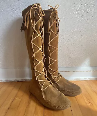 Minnetonka 18  Leather Knee High Fringe Moccasins Boots Men’s Sz 9 Or 10 Vtg • $38