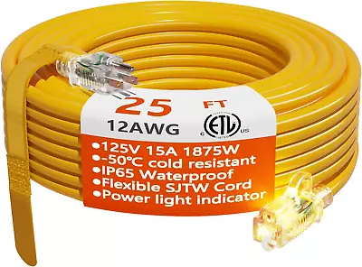 12/3 Gauge Heavy Duty Outdoor Extension Cord 25 Ft Waterproof With Lighted End.. • $31.99