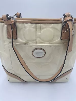 COACH Ivory Crèam Off White Embossed Patent Leather Peyton Tote Bag Pink Lining • $33