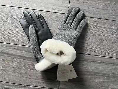 Ugg Womens Leather Paneled Gloves Touch Screen Compatible Light Gray Nwt $110 • $55.99