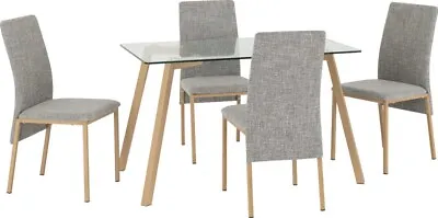 Morton Dining Set Clear Glass Oak Effect Veneer With 4 Grey Fabric Chairs • £231.99