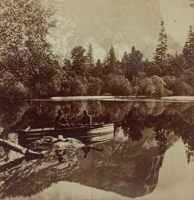 Yosemite CA Mirror Lake Mountain Boating Men Antique Stereoview Card California • $12.59