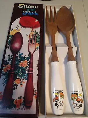 NEW!  Vintage Spoon & Fork Walt Disney Mickey & Minnie Mouse Wooden Set  • $35