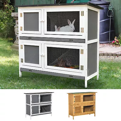 2-Tier Wooden Rabbit Hutch W/ Sliding-out Tray Asphalt Roof Ramp 100x47x91cm • £89.99