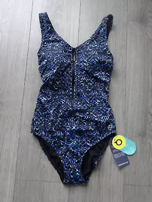 M&s Goodmove Navy Mix Secret Slimming Zip Up Swimming Costume Size 8 • £21.99