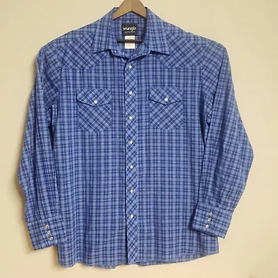 Wrangler Mens Button Shirt Large Blue Plaid Western Double Pocket Pearl Snap XLT • $10