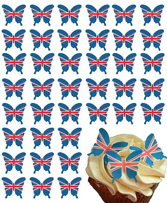 48 X Union Jack Flag Butterfly Edible Wafer Paper Cake Toppers Decorations • £2.87