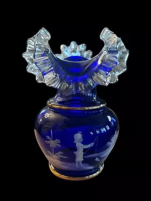 FENTON Mary Gregory Ruffled Crested Vase Hand Painted Cobalt 10” FREE SHIPPING • $117.95