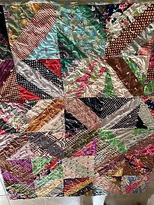 Vintage Crazy Quilt Silks And Cotton Patchwork Granny Cottage Core 69x82” • $89.50