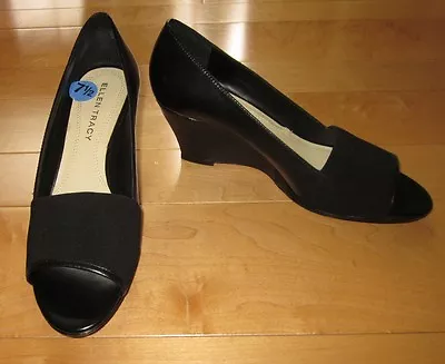 New Ellen Tracy Wms Black Leather Slide Wedge Open Toe Heels Rhyme 7.5 • $59.99