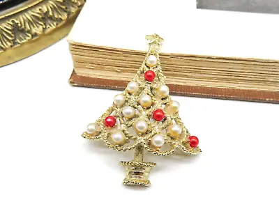 Vintage Gold Tone Red White Faux Pearl Christmas Tree Brooch Pin MM45 • $14.44