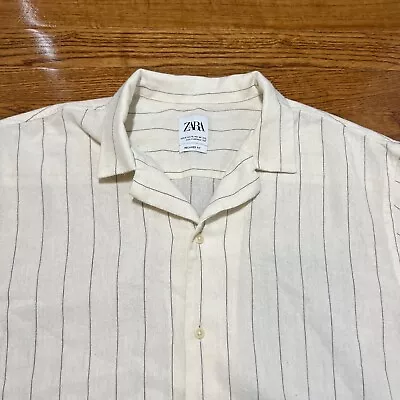 Zara Shirt Mens XL Cream Black Striped Button Front Relaxed Fit Short Sleeve • $19.98