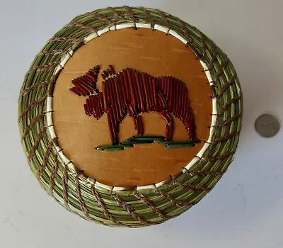 BULL MOOSE Of Porcupine Quill; Round Sweetgrass/birchbark - Paul St. John-Mohawk • $128.75