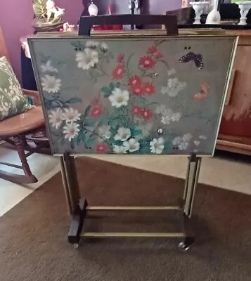 Folding TV Trays Cart Retro Mid Century W/ Stand Set Of Four Rolling Stand NICE! • $325