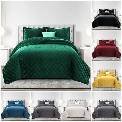 Quilted Crushed Velvet Bedspread Bed Throw Double King Size Luxury Bedding Set • £33.43