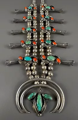 Vintage Navajo Sterling Silver Turquoise & Coral Squash Blossom Necklace NICE! • $1150