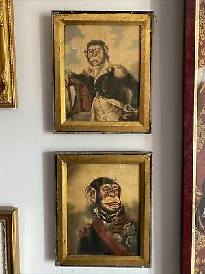 Vintage Pair Of Chimpanzee Ape Monkey In Uniform Paintings By Hamilton 10”x8” • $545