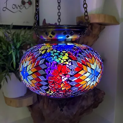 £38.99 • Buy Crushed Glass Large Turkish Moroccan Mosaic Hanging Candle Holder Hand Made Lamp