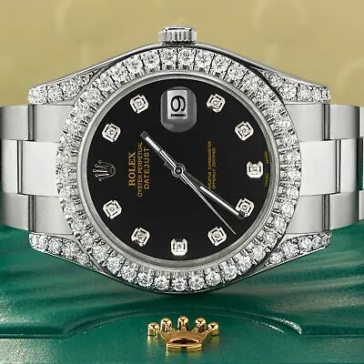 Rolex Datejust II 41mm Watch 4.5CT Diamond Bezel/Lugs/Black Dial Box Papers • $13500