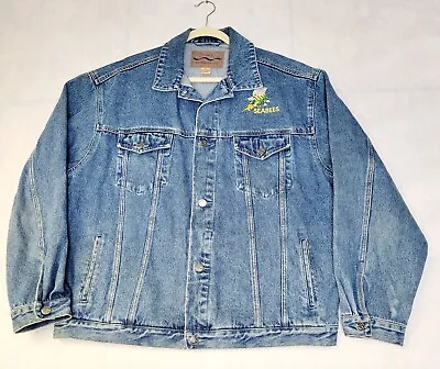 VTG Port Authority Jacket Men Blue Denim Trucker Fit Seabees Embroidered 2 Sides • $34.99