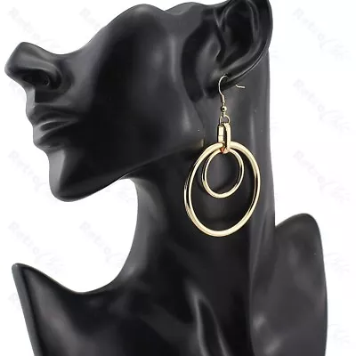 7cm Big GOLD FASHION EARRINGS Double Circle Hoops Retro Hoop 70s Vintage Style • £3.99