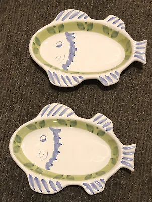 $33 • Buy CALECA  Fish Plate Bowl Serving Dish Hand Painted Italy Blue Green Set Of 2