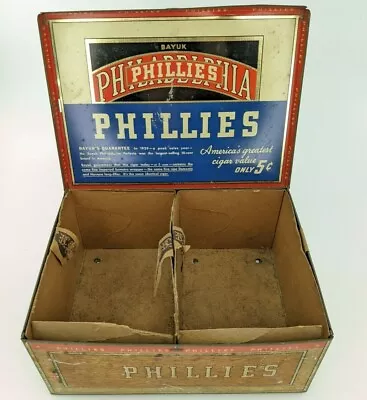 Vintage Tin Litho Cigar Box Philadelphia Phillies Bayuk Perfecto 5 Cent Ad Store • $15.99