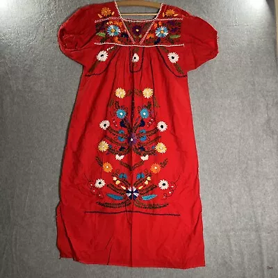 Mexican Muumuu Dress Women Medium Red Floral Embroidery Folk Puebla Peasant Midi • $31.43