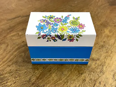 Vintage 1970's Ohio Art Tin Recipe Box Floral Design Blue / White 5 X3 X4  • $14.99