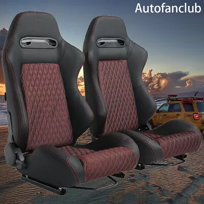 2Pcs Adjustable Reclinable Bucket Seats Black+Red PVC Racing Seats W/2 Sliders • $319.99