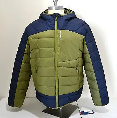 Nwt Men's Nautica Tempasphere Cape/olive Hooded Puffer Jacket Coat Sz L • $53.99