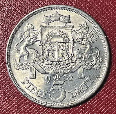 Latvia 1932 SILVER 5 Lati. Uncirculated. Lustrous. Low Mintage. KM# 9 • $75