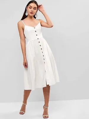 ZAFUL Women’s Sz M White Spaghetti Strap Midi Sundress Button Look Dress • £10.70