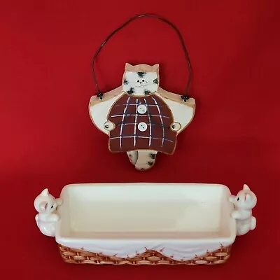 VTG Ceramic Cracker Holder Butter White Kittens Basket & Wood Cat Hanging Decor • $24.95