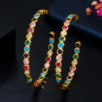 Multicolor CZ Yellow Gold Plated Big Round Rainbow Hoop Earrings Boho Jewellery • £12.30