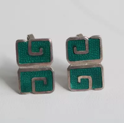 Vintage Margo De Taxco Sterling Silver Guilloche Enamel Screw Back Earrings • $124.99