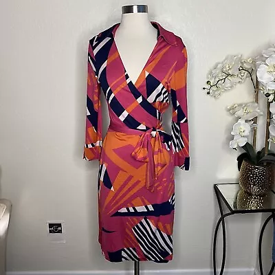 $45 • Buy Diane Von Furstenberg Wrap Long Sleeve Dress Silk Collar  Pink Orange 10