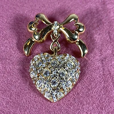 Vtg Monet Heart Dangle Pin Brooch Clear Rhinestones Gold Tone 2 Missing Stones • $9.60